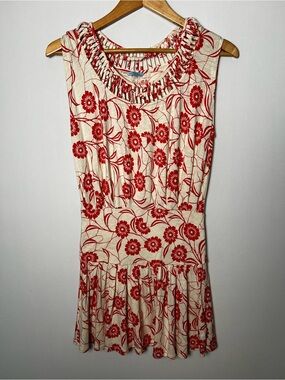 Anthropologie Leifnotes Stellata Floral Dress Drop Waist Ivory & Red Boho XS